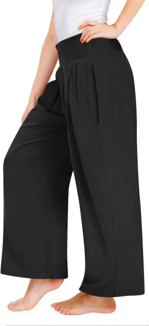 Moonker Linen Straight Wide Leg Pants for Girls Solid Color High Elastic Waist Trousers Loose Flowy Casual Youth