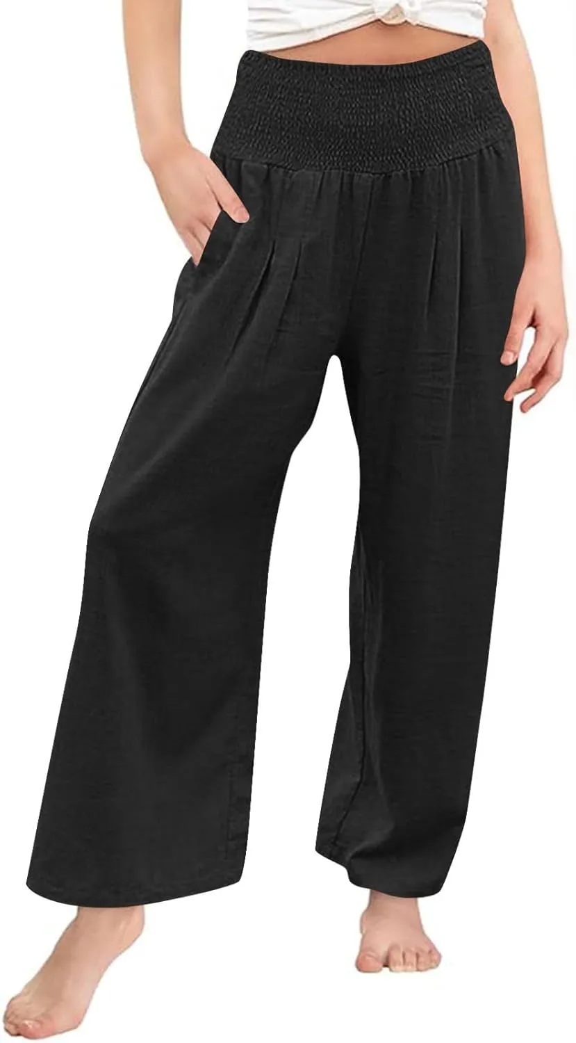 Moonker Linen Straight Wide Leg Pants for Girls Solid Color High Elastic Waist Trousers Loose Flowy Casual Youth