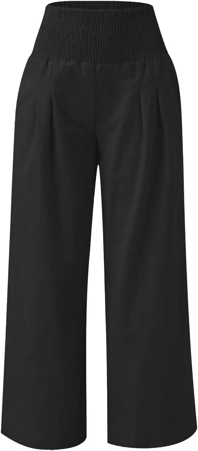 Moonker Linen Straight Wide Leg Pants for Girls Solid Color High Elastic Waist Trousers Loose Flowy Casual Youth