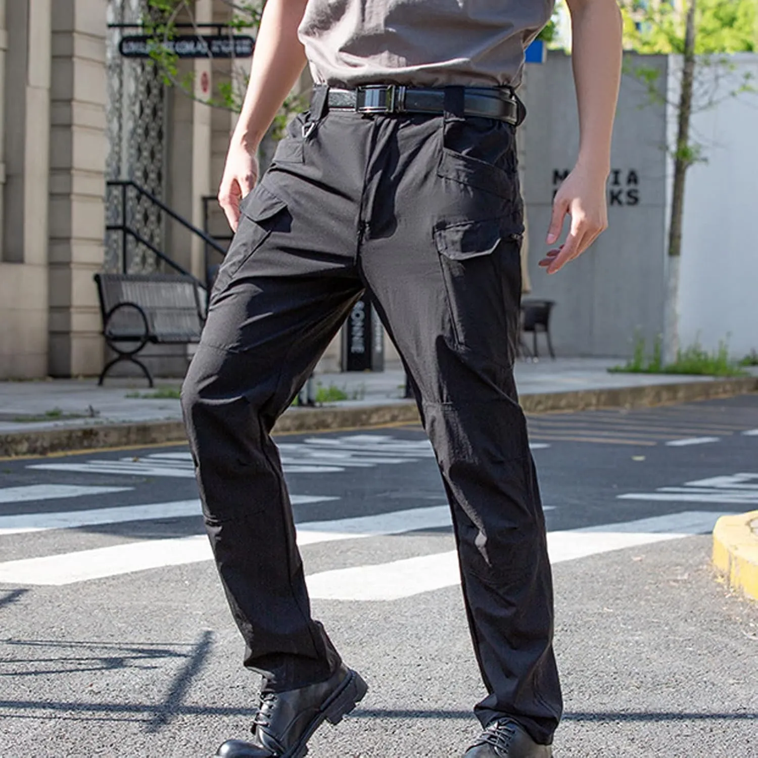 Muscularfit Mens Pants Expandable Waist Multi Pockets Solid Cotton Cargo Pant Regular Big and Tall Straight Outdoor Sweatpant