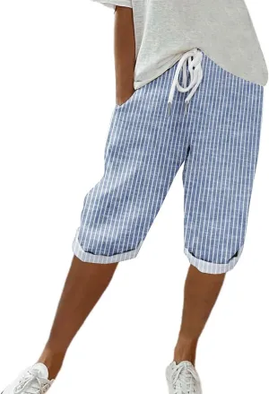Pedal Pushers for Women Knee Length Linen Casual Striped Bermuda Shorts Summer Elastic Waisted Capris with Pocket