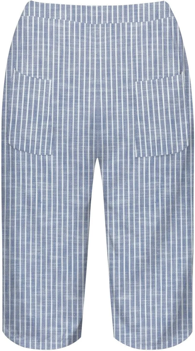 Pedal Pushers for Women Knee Length Linen Casual Striped Bermuda Shorts Summer Elastic Waisted Capris with Pocket