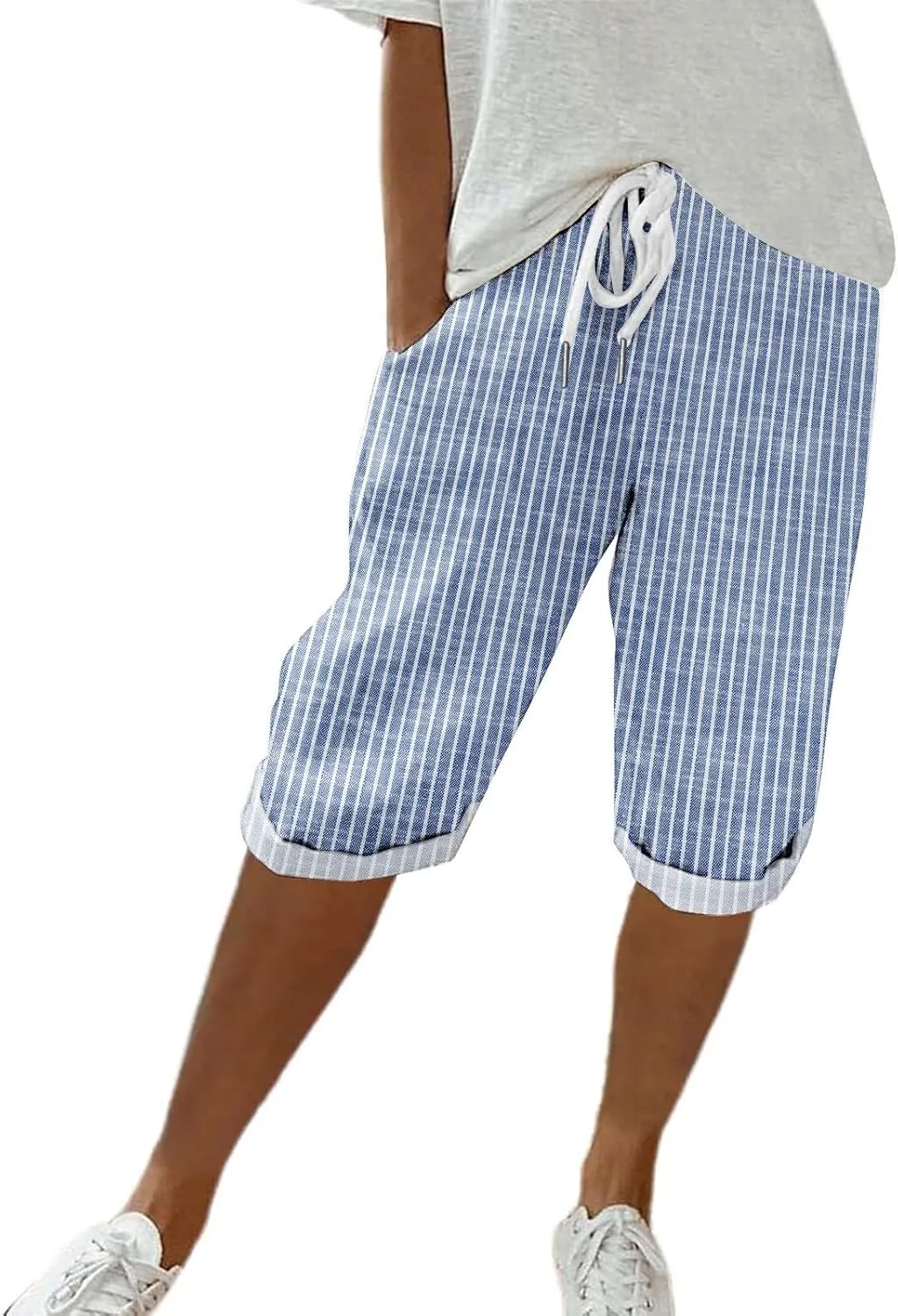 Pedal Pushers for Women Knee Length Linen Casual Striped Bermuda Shorts Summer Elastic Waisted Capris with Pocket
