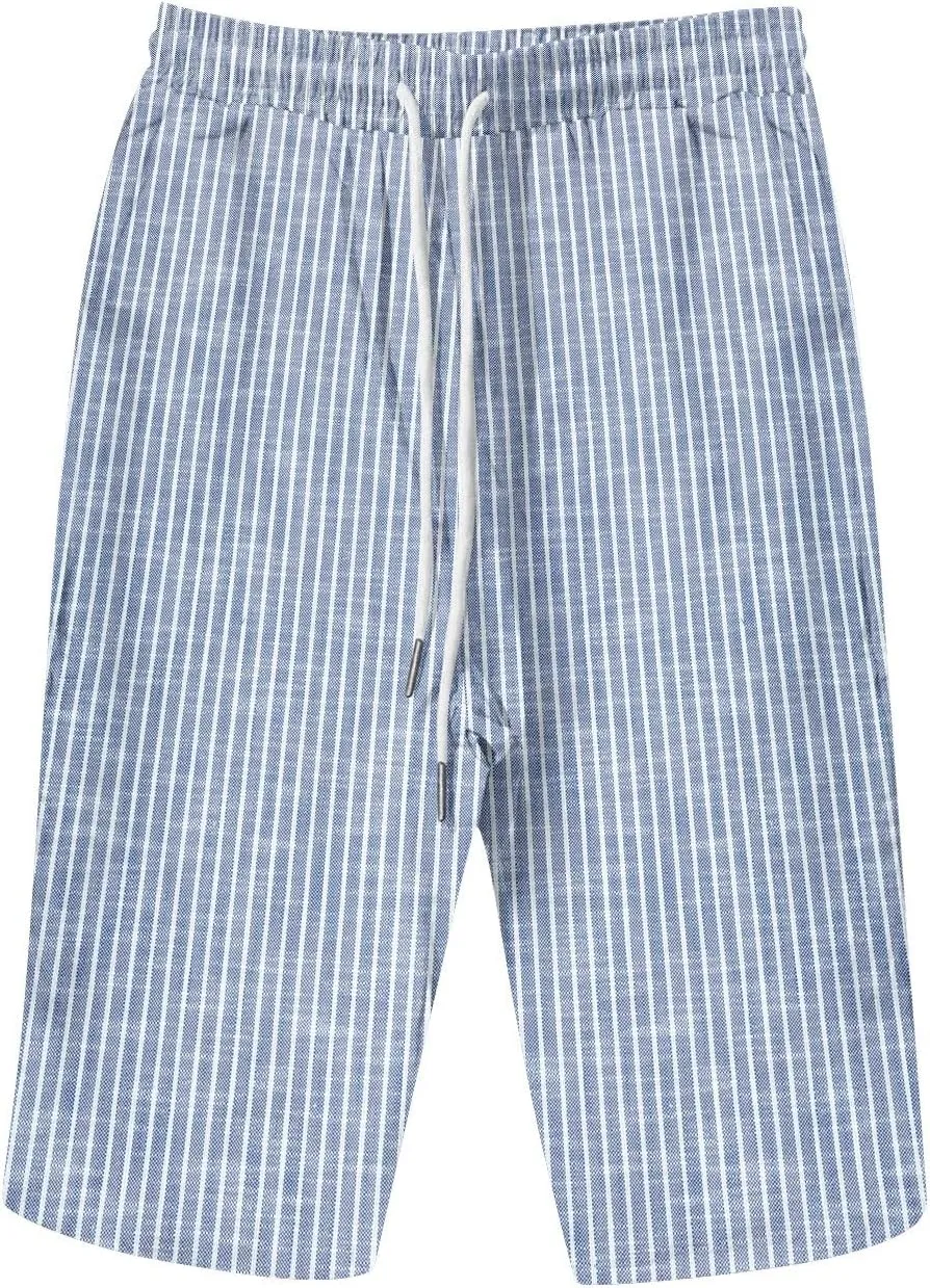 Pedal Pushers for Women Knee Length Linen Casual Striped Bermuda Shorts Summer Elastic Waisted Capris with Pocket