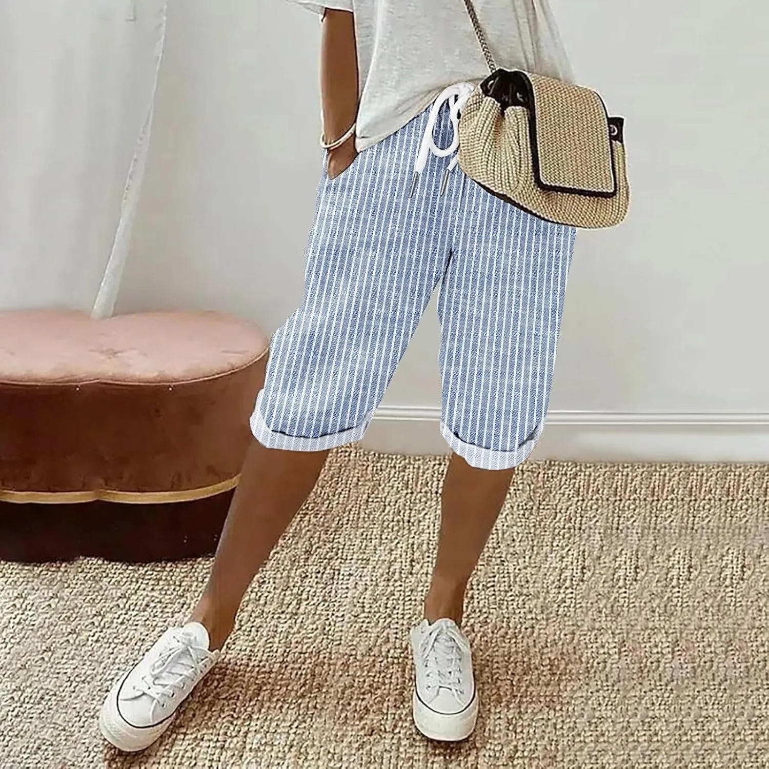 Pedal Pushers for Women Knee Length Linen Casual Striped Bermuda Shorts Summer Elastic Waisted Capris with Pocket