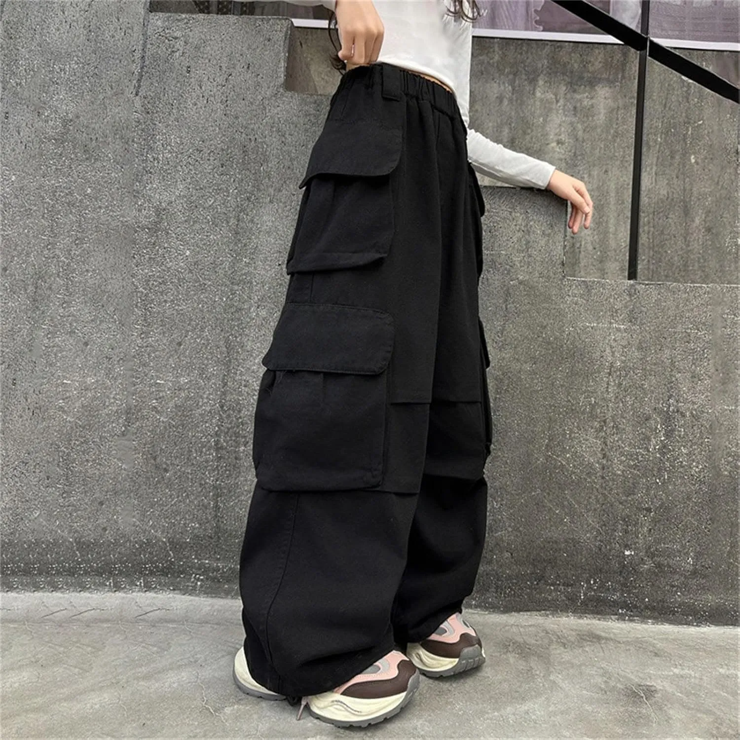 Teen Girls Baggy Palazzo Pants Kids Loose Wide Leg Straight Elastic Waist Solid Cargo Trousers Trendy Comfy Pants