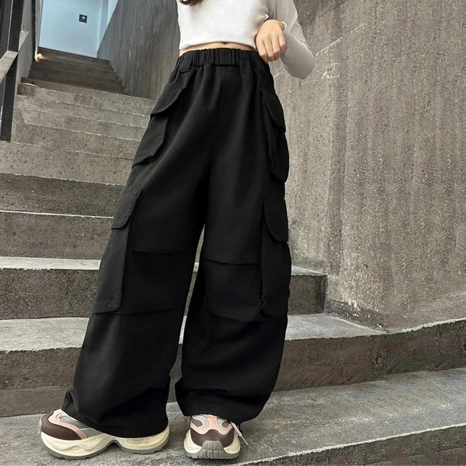 Teen Girls Baggy Palazzo Pants Kids Loose Wide Leg Straight Elastic Waist Solid Cargo Trousers Trendy Comfy Pants