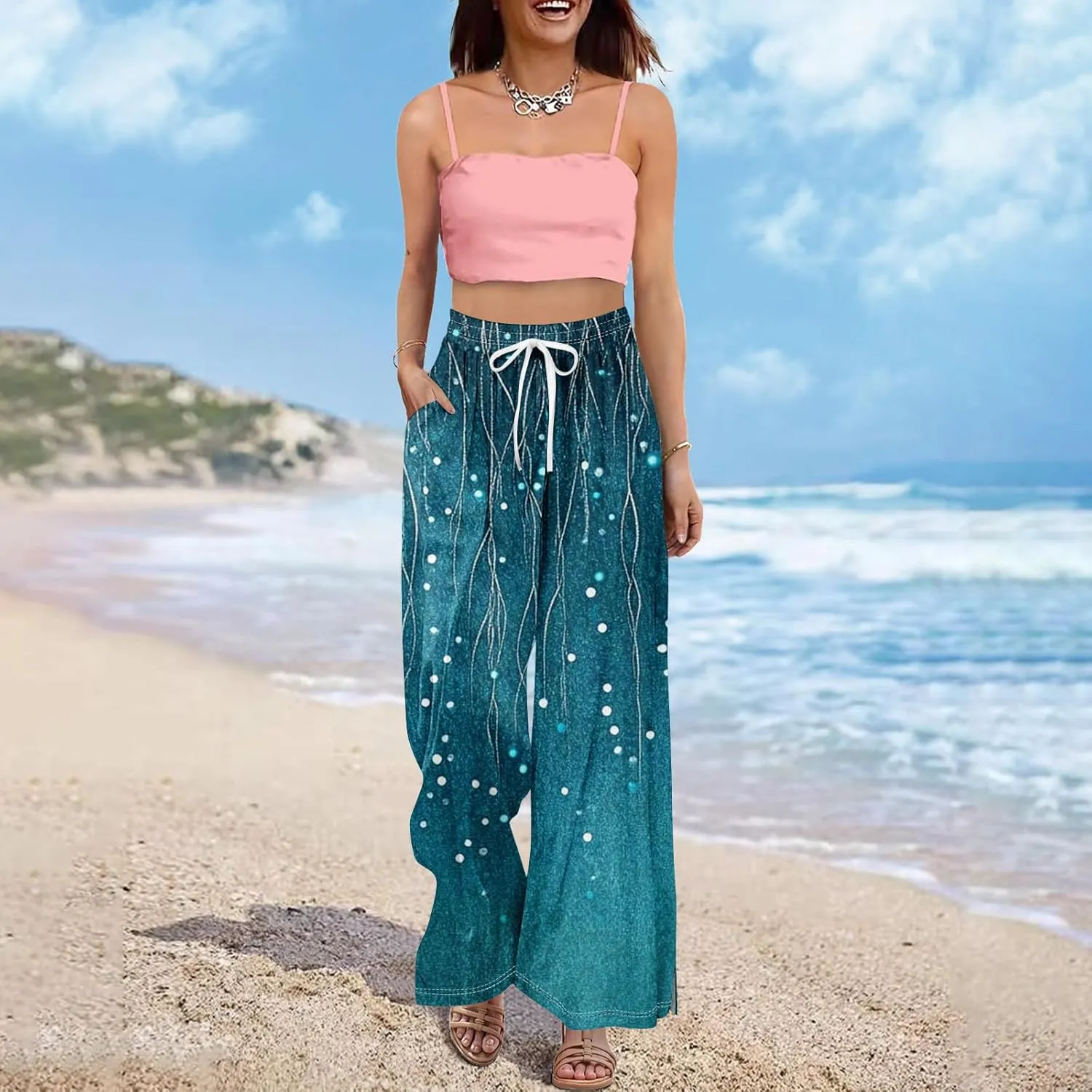 Wide Leg Pants Woman Flowy Summer Casual Travel Pants Boho Palazzo Pants High Waist Floral Printing Trousers