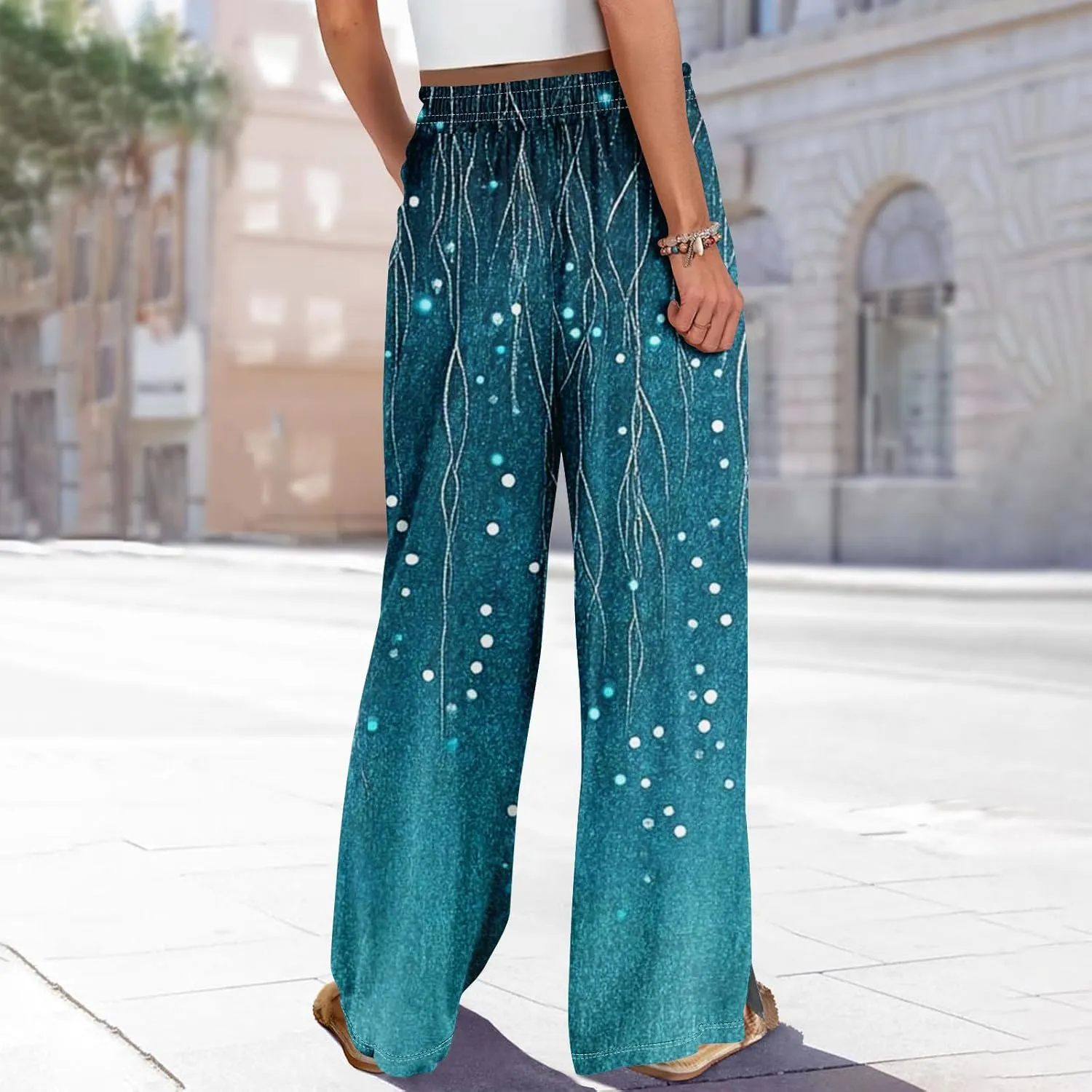 Wide Leg Pants Woman Flowy Summer Casual Travel Pants Boho Palazzo Pants High Waist Floral Printing Trousers
