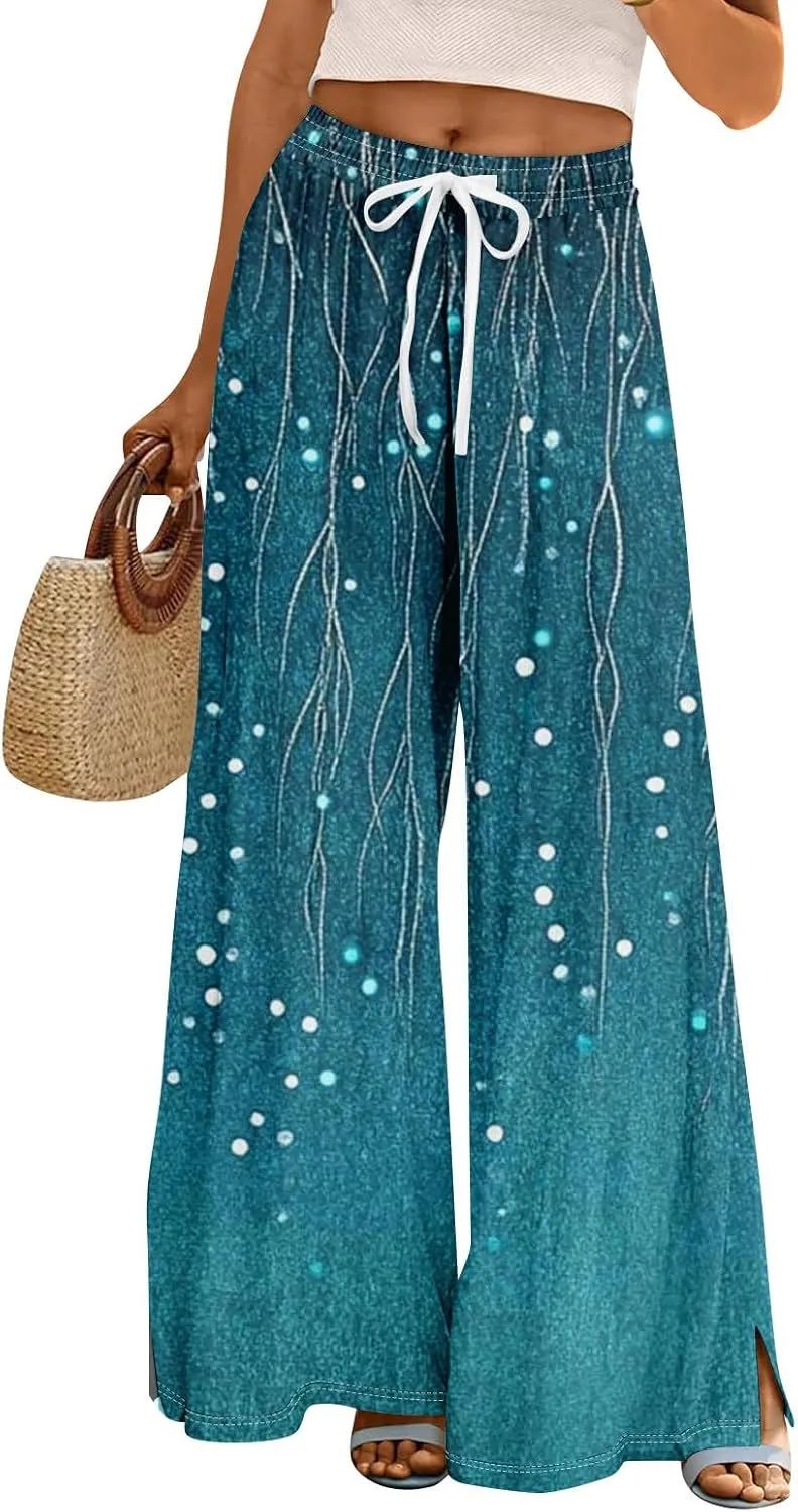 Wide Leg Pants Woman Flowy Summer Casual Travel Pants Boho Palazzo Pants High Waist Floral Printing Trousers