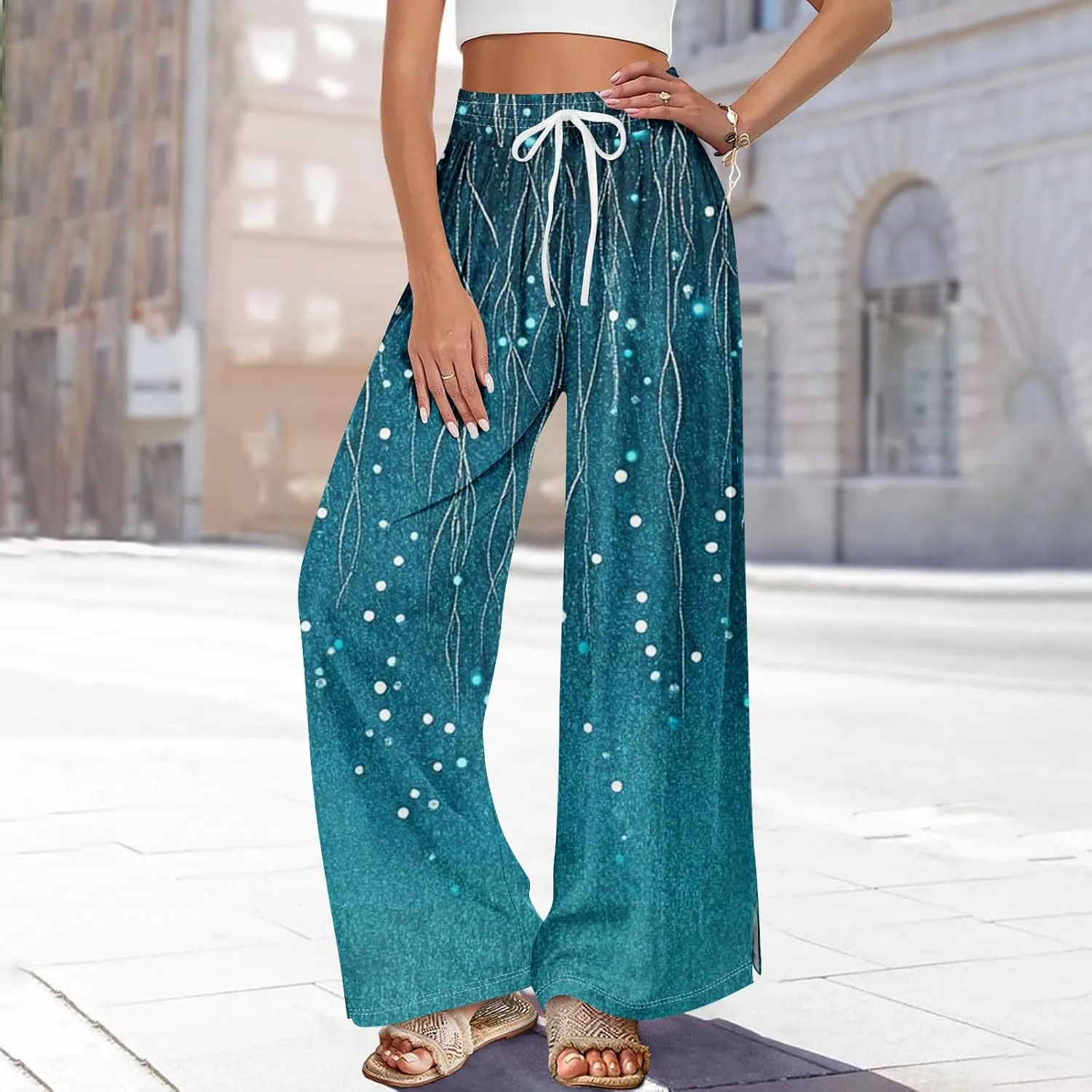 Wide Leg Pants Woman Flowy Summer Casual Travel Pants Boho Palazzo Pants High Waist Floral Printing Trousers
