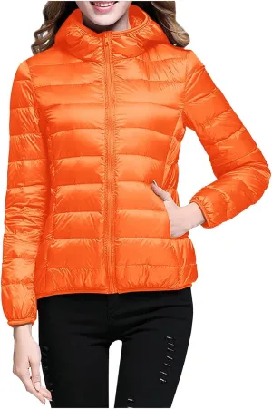 Women Down Jackets Casual Warm Lightweight Hooded Windproof Trendy Slim Fit Quilted Winter Coat Outerwear with Pocket
