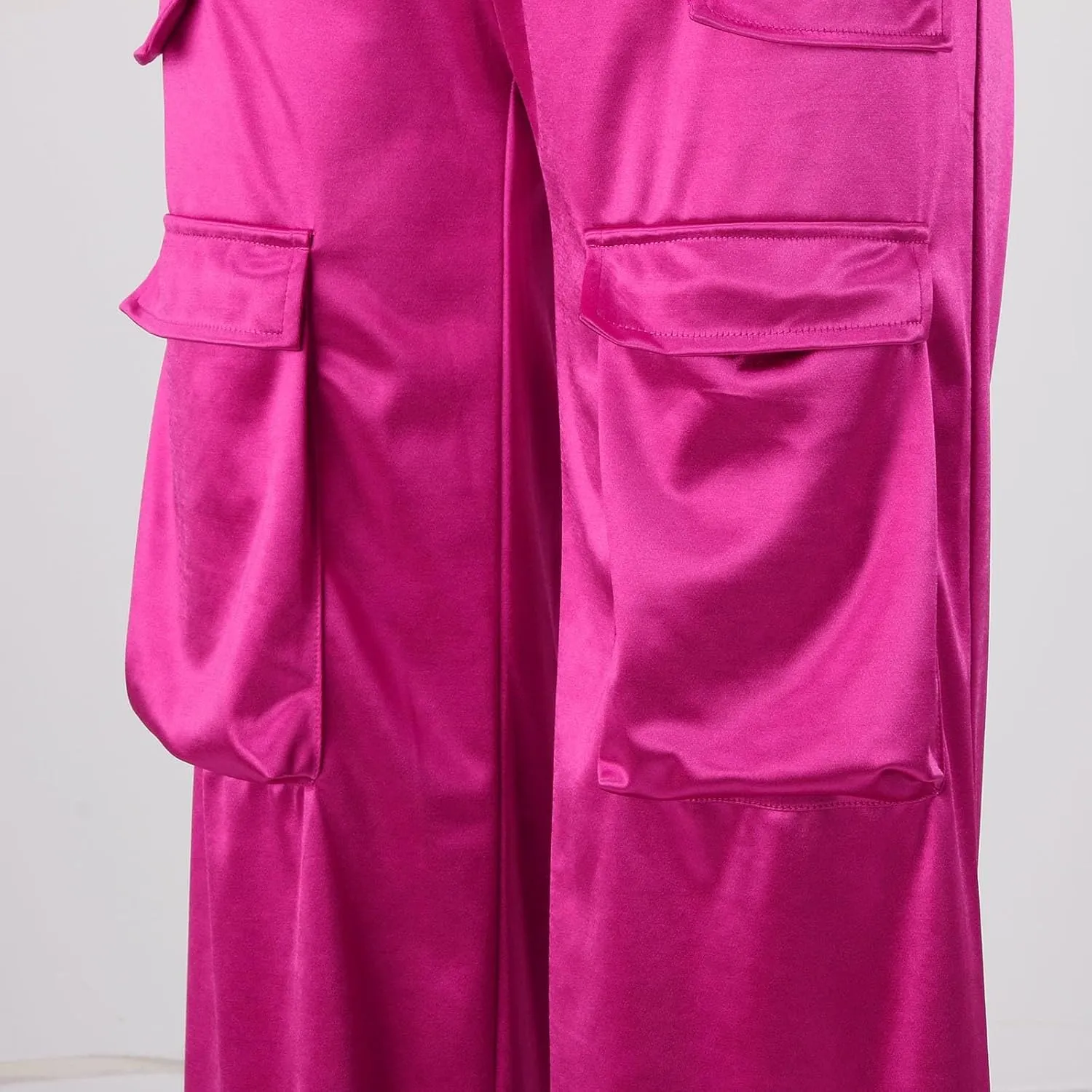 Women High Waisted Satin Cargo Pants Baggy Wide Leg Multi Pockets Pant Vintage Straight Trousers Y2k Streetwear