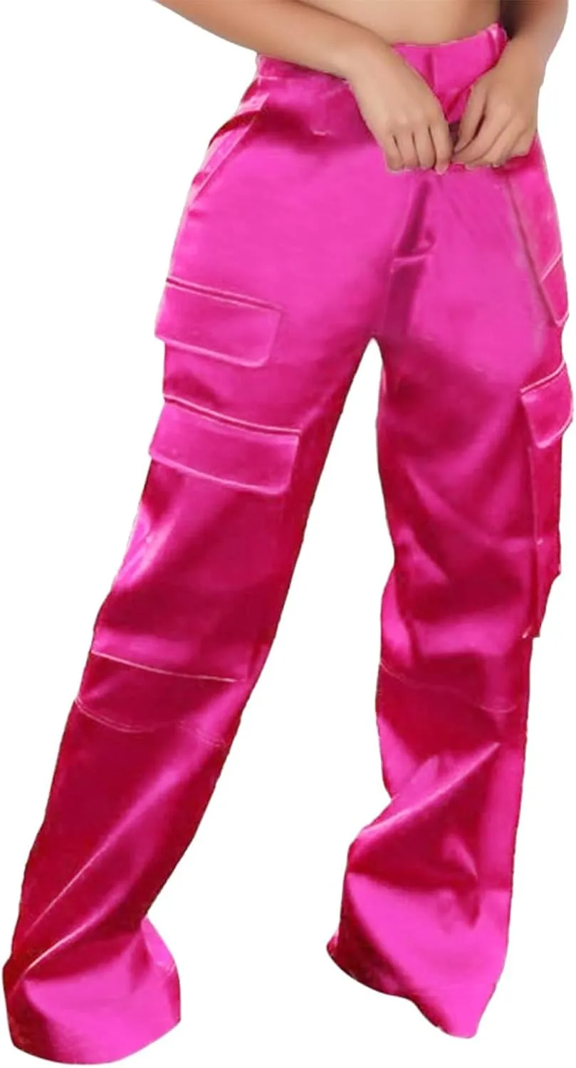 Women High Waisted Satin Cargo Pants Baggy Wide Leg Multi Pockets Pant Vintage Straight Trousers Y2k Streetwear