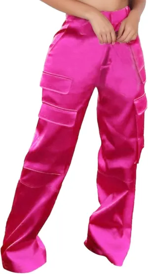 Women High Waisted Satin Cargo Pants Baggy Wide Leg Multi Pockets Pant Vintage Straight Trousers Y2k Streetwear
