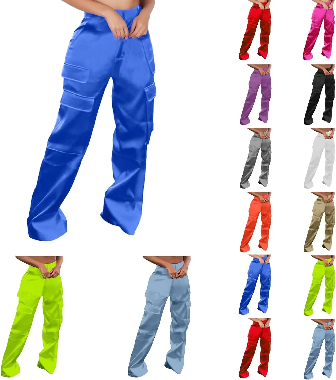 Women High Waisted Satin Cargo Pants Baggy Wide Leg Multi Pockets Pant Vintage Straight Trousers Y2k Streetwear