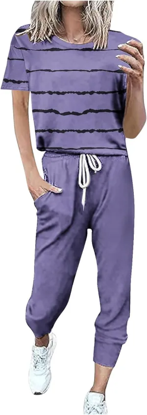 Womens 2 Piece Outfits Striped Lounge Sets Short Sleeve Loose Fit Top and Drawstring Jogging Pants Set Sweatsuits