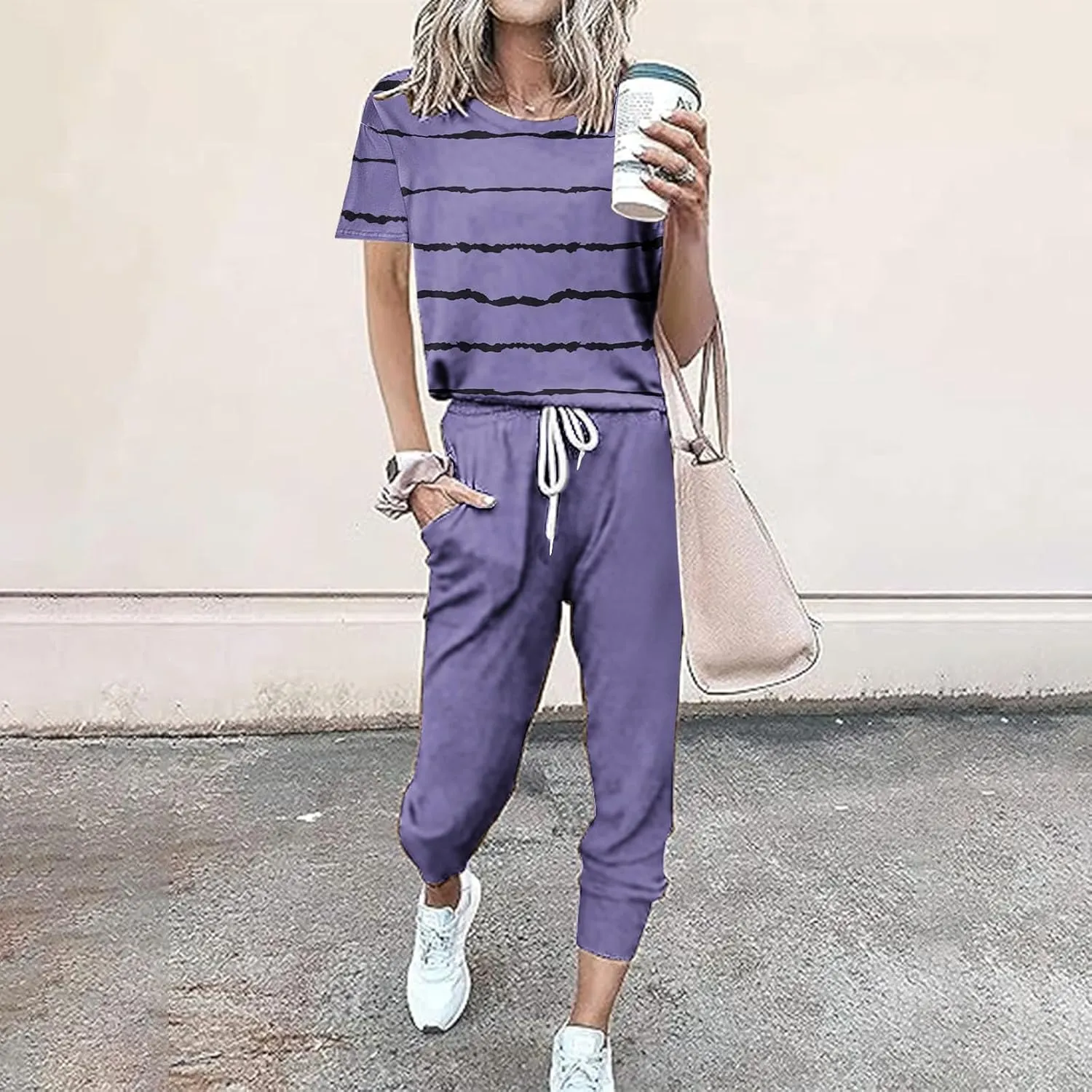 Womens 2 Piece Outfits Striped Lounge Sets Short Sleeve Loose Fit Top and Drawstring Jogging Pants Set Sweatsuits