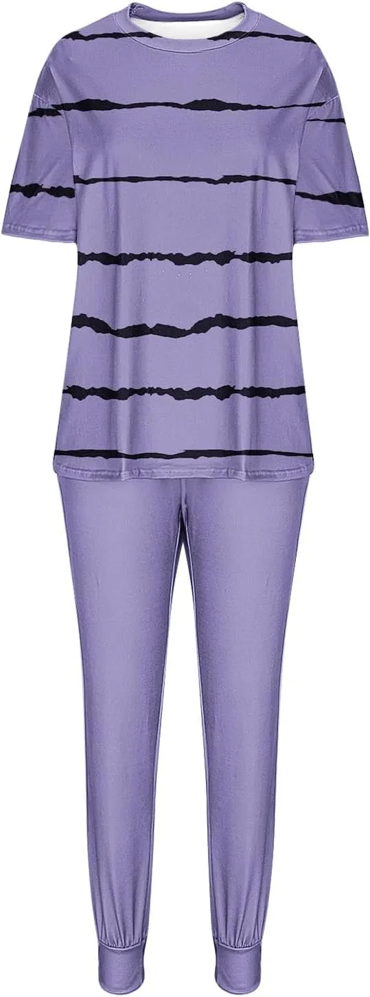 Womens 2 Piece Outfits Striped Lounge Sets Short Sleeve Loose Fit Top and Drawstring Jogging Pants Set Sweatsuits