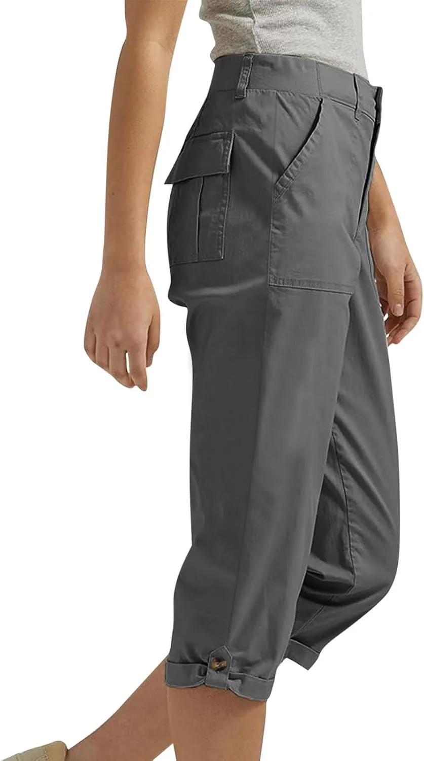 Womens Capris with Pockets Stretch Lightweight Casual Cargo Pants Rolled Hem Summer Cropped Trousers Outdoor Clothes