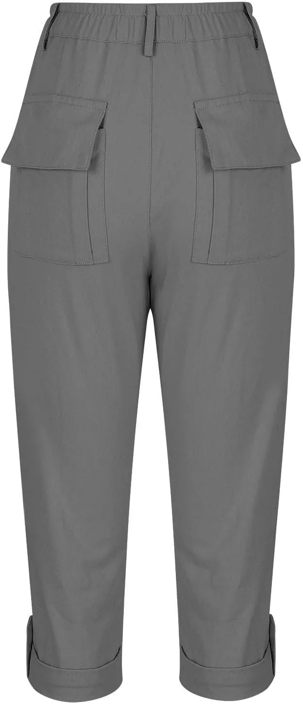Womens Capris with Pockets Stretch Lightweight Casual Cargo Pants Rolled Hem Summer Cropped Trousers Outdoor Clothes