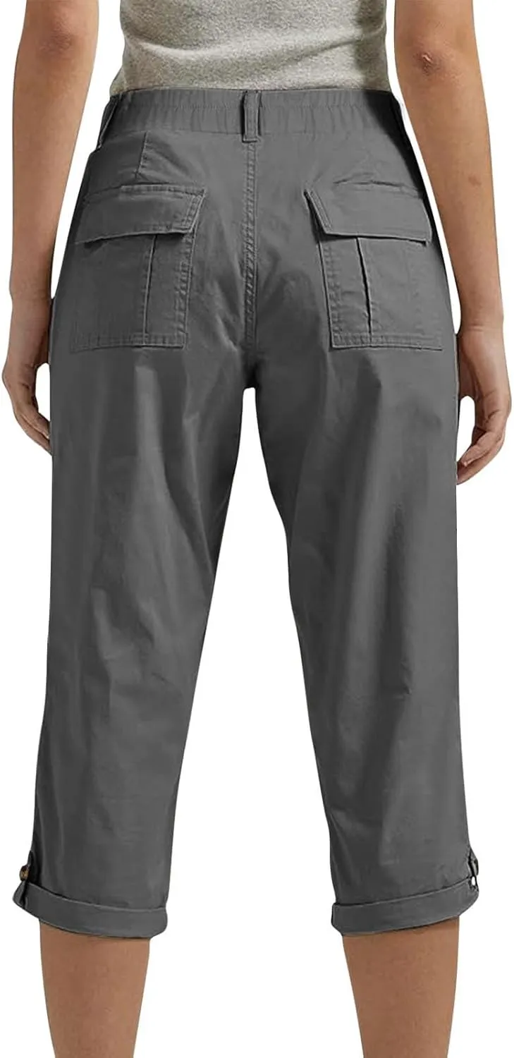 Womens Capris with Pockets Stretch Lightweight Casual Cargo Pants Rolled Hem Summer Cropped Trousers Outdoor Clothes