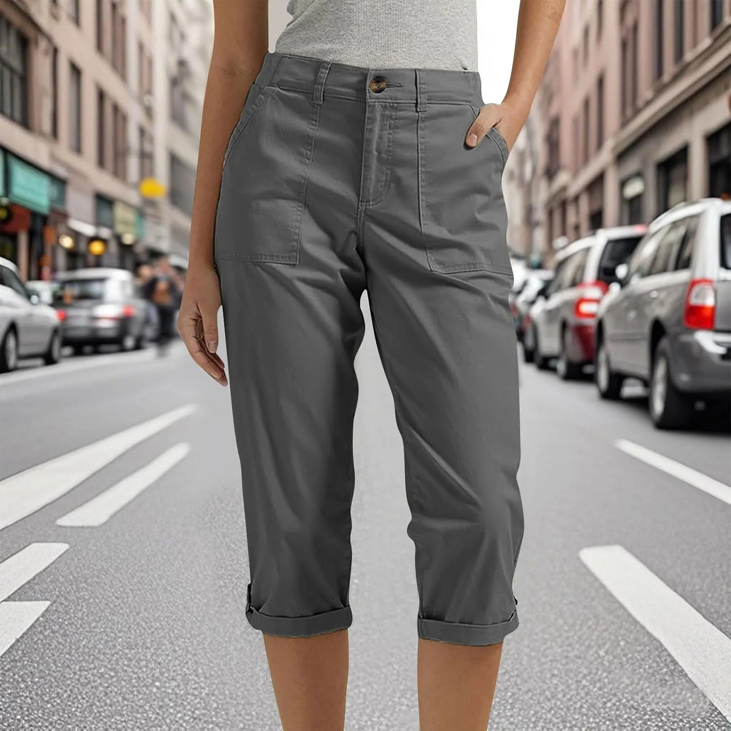 Womens Capris with Pockets Stretch Lightweight Casual Cargo Pants Rolled Hem Summer Cropped Trousers Outdoor Clothes