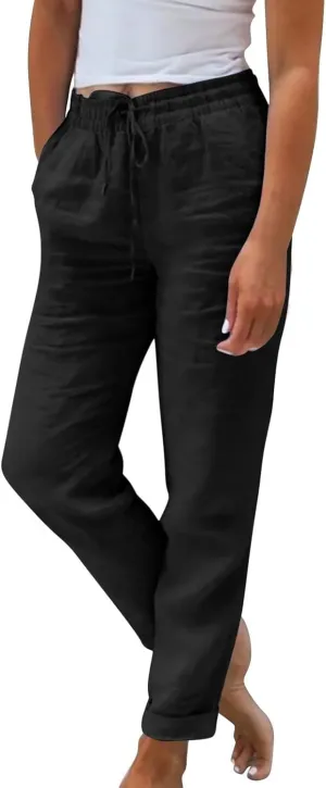 Womens Cotton Linen Cropped Pants 2025 Summer Lounge High Waisted Stretch Capris Drawstring Trousers with Pocket