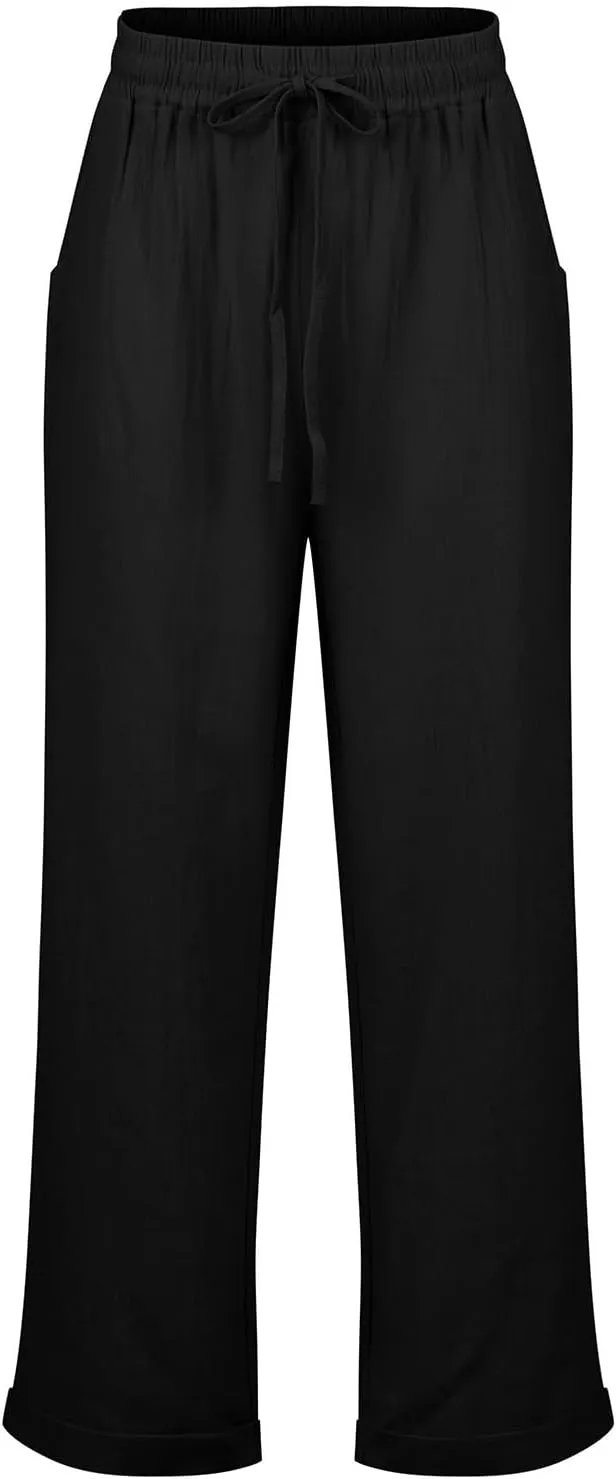 Womens Cotton Linen Cropped Pants 2025 Summer Lounge High Waisted Stretch Capris Drawstring Trousers with Pocket