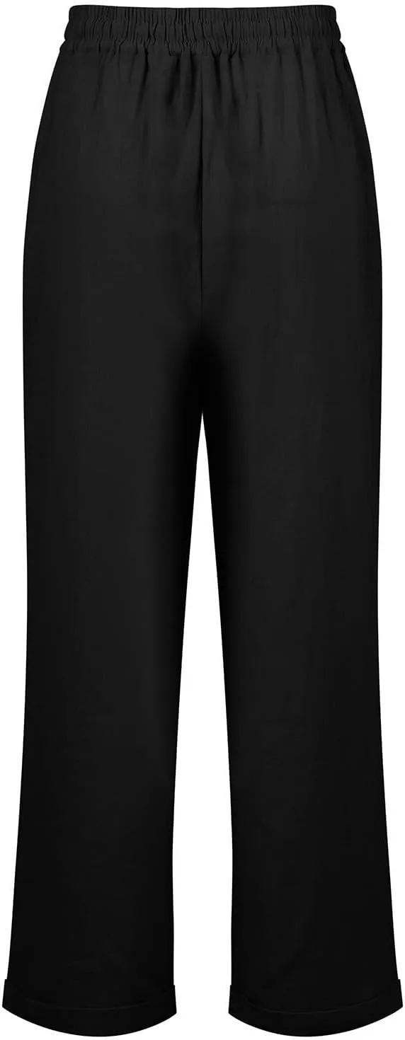 Womens Cotton Linen Cropped Pants 2025 Summer Lounge High Waisted Stretch Capris Drawstring Trousers with Pocket