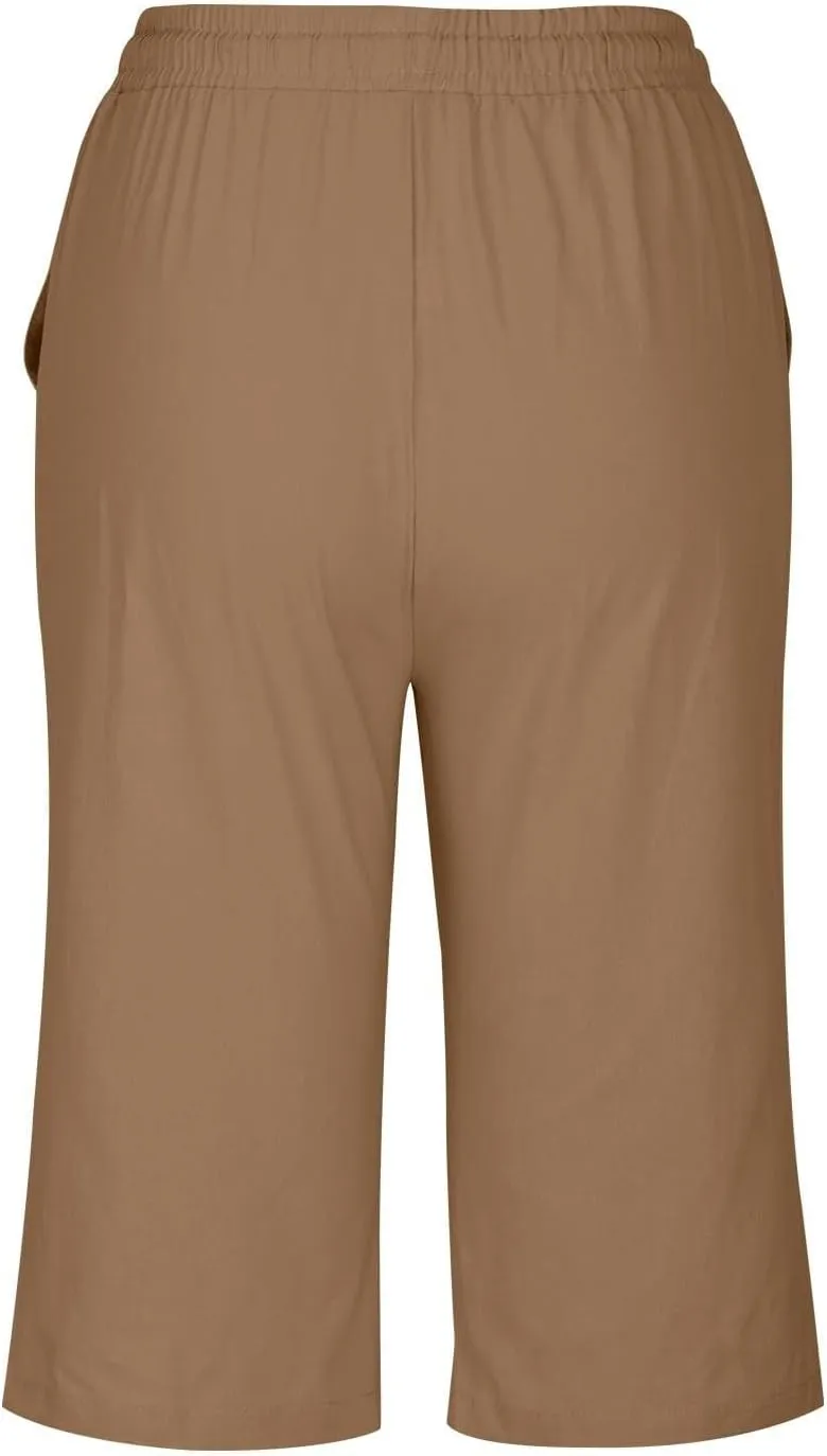 Womens Knee Length Shorts Linen Beach Capri Shorts with Pockets Summer Casual Elastic Wiast Drawstring Bermuda Pants