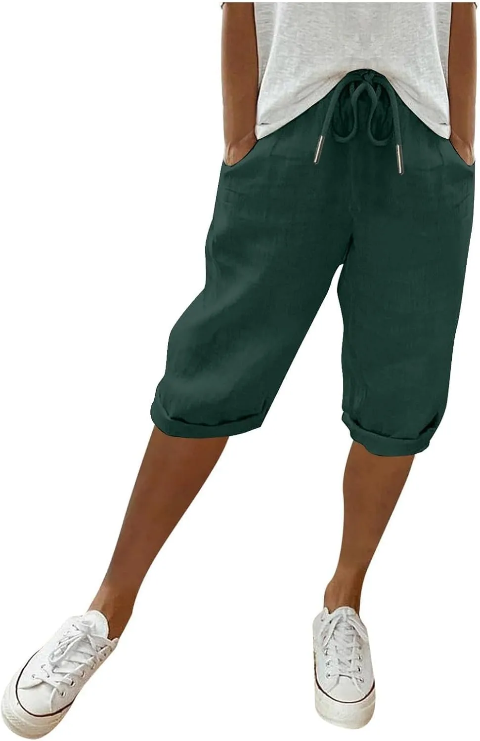 Womens Knee Length Shorts Linen Beach Capri Shorts with Pockets Summer Casual Elastic Wiast Drawstring Bermuda Pants