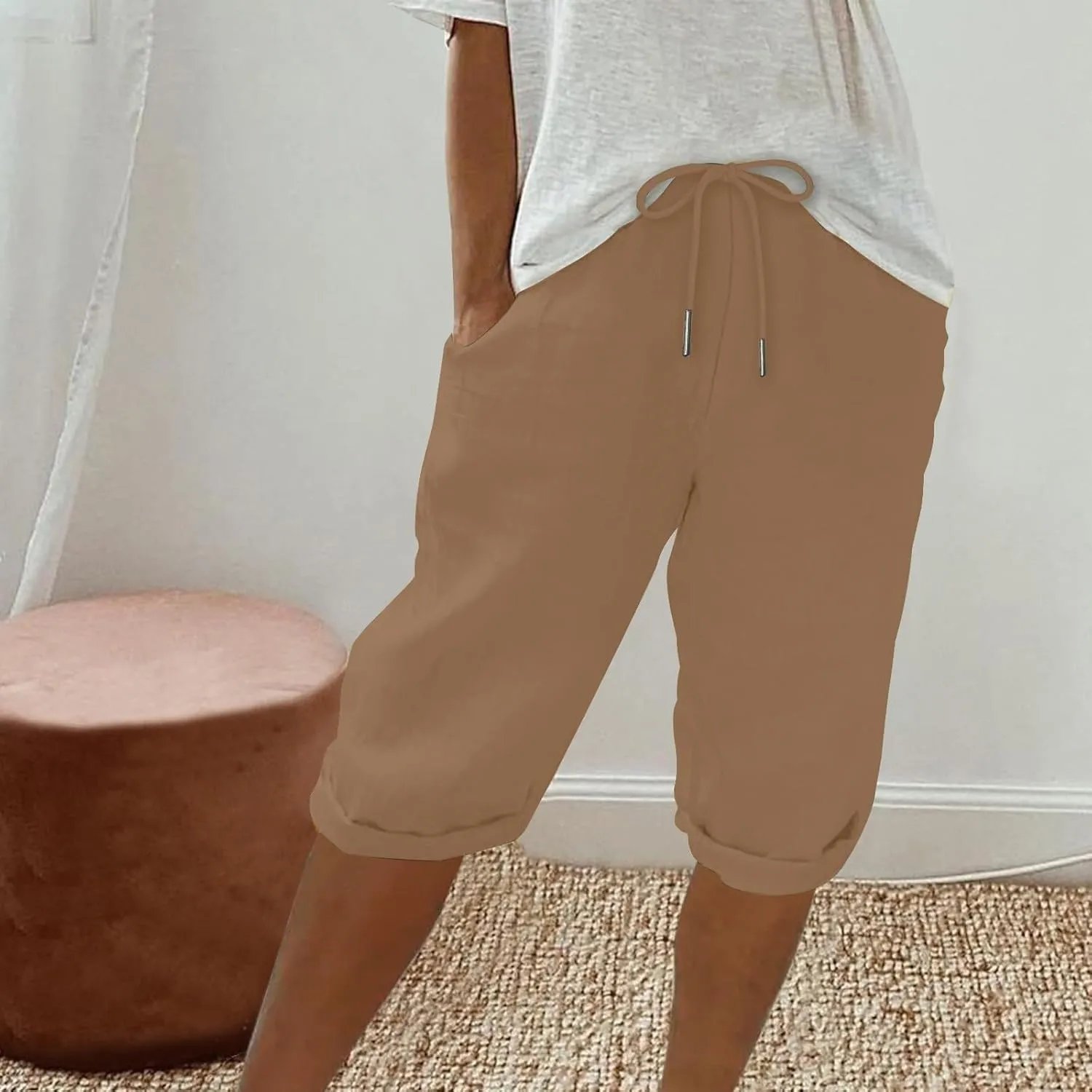 Womens Knee Length Shorts Linen Beach Capri Shorts with Pockets Summer Casual Elastic Wiast Drawstring Bermuda Pants