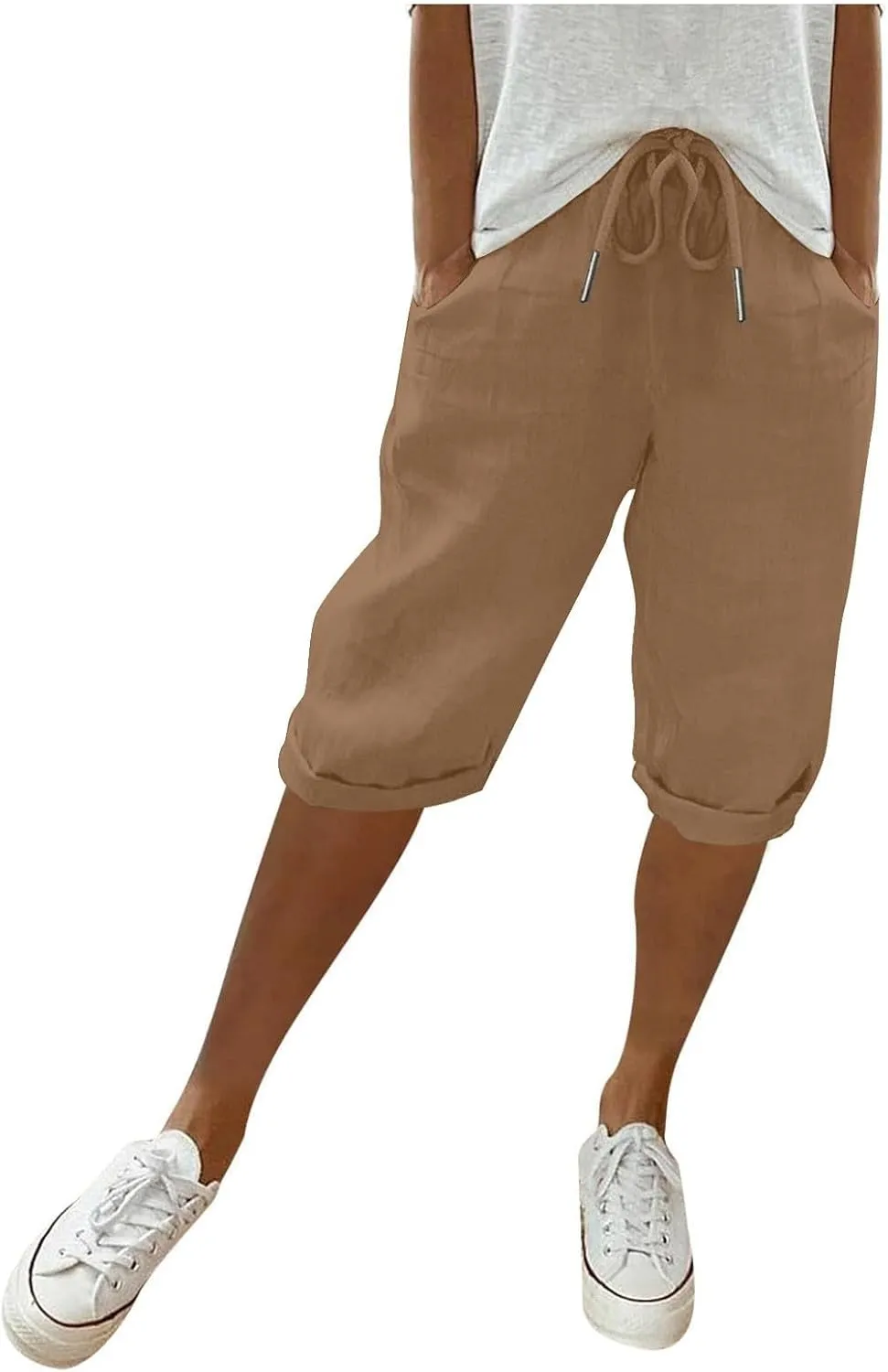 Womens Knee Length Shorts Linen Beach Capri Shorts with Pockets Summer Casual Elastic Wiast Drawstring Bermuda Pants