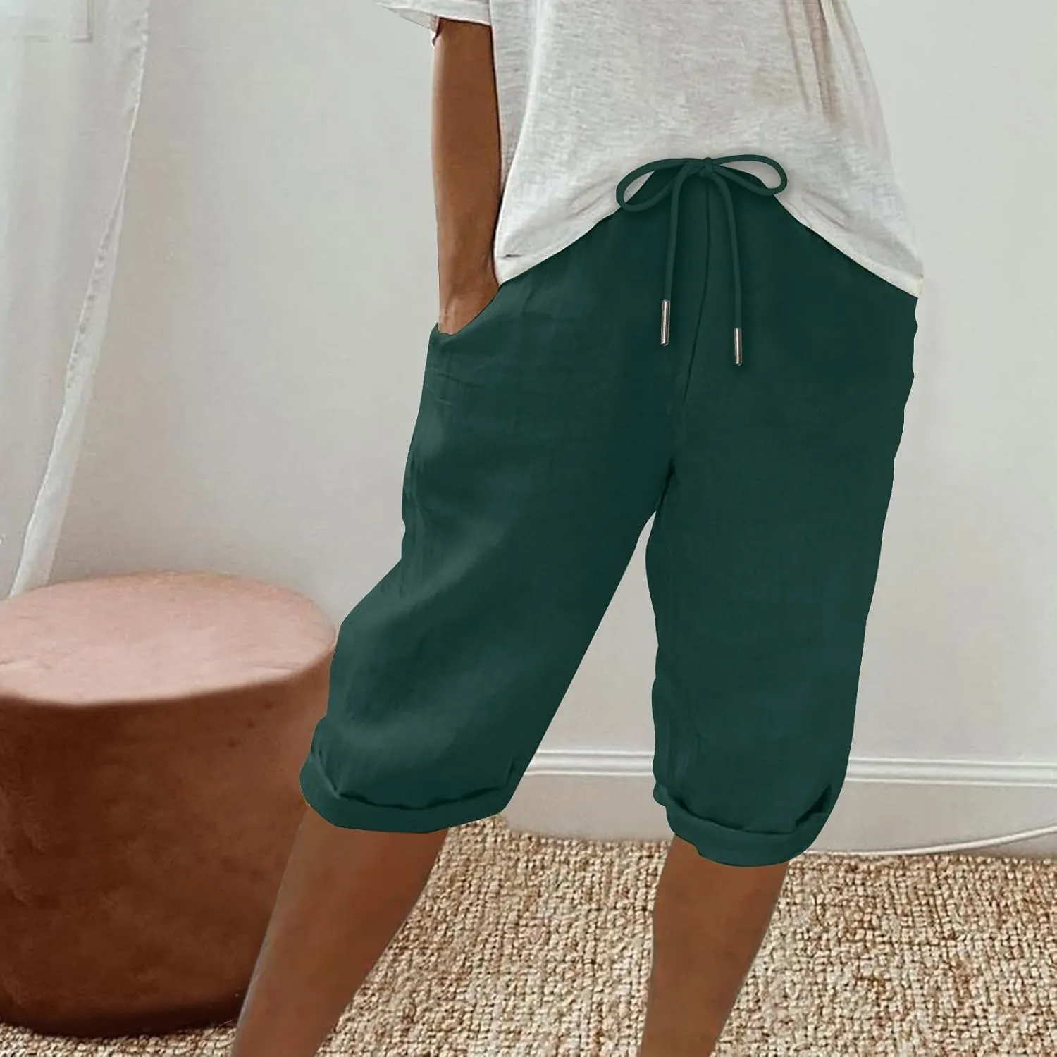 Womens Knee Length Shorts Linen Beach Capri Shorts with Pockets Summer Casual Elastic Wiast Drawstring Bermuda Pants