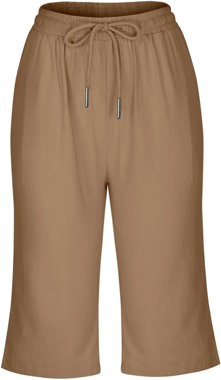 Womens Knee Length Shorts Linen Beach Capri Shorts with Pockets Summer Casual Elastic Wiast Drawstring Bermuda Pants