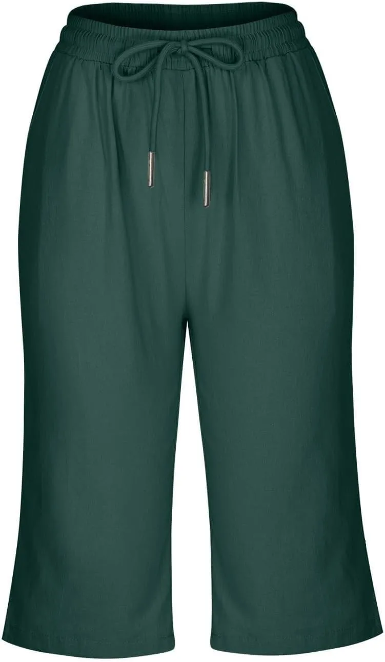 Womens Knee Length Shorts Linen Beach Capri Shorts with Pockets Summer Casual Elastic Wiast Drawstring Bermuda Pants