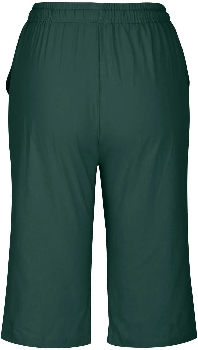 Womens Knee Length Shorts Linen Beach Capri Shorts with Pockets Summer Casual Elastic Wiast Drawstring Bermuda Pants