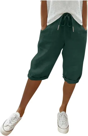 Womens Knee Length Shorts Linen Beach Capri Shorts with Pockets Summer Casual Elastic Wiast Drawstring Bermuda Pants