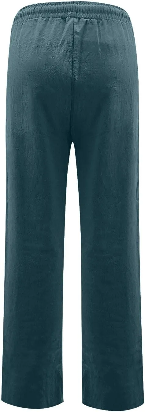 Women's Linen Pant 2025 Staright Trousers Elastic Waist Drawstring Pull-On Pants with Pockets, S-3XL