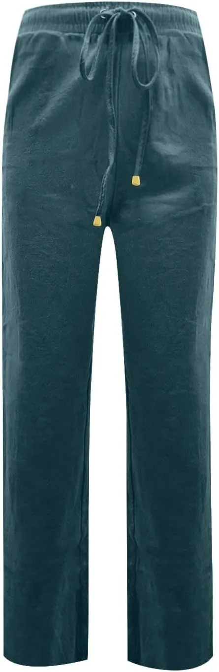 Women's Linen Pant 2025 Staright Trousers Elastic Waist Drawstring Pull-On Pants with Pockets, S-3XL