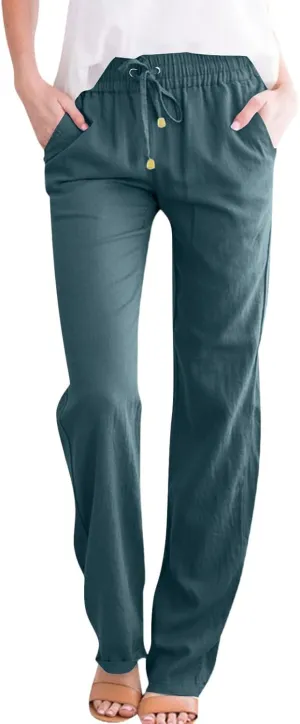 Women's Linen Pant 2025 Staright Trousers Elastic Waist Drawstring Pull-On Pants with Pockets, S-3XL