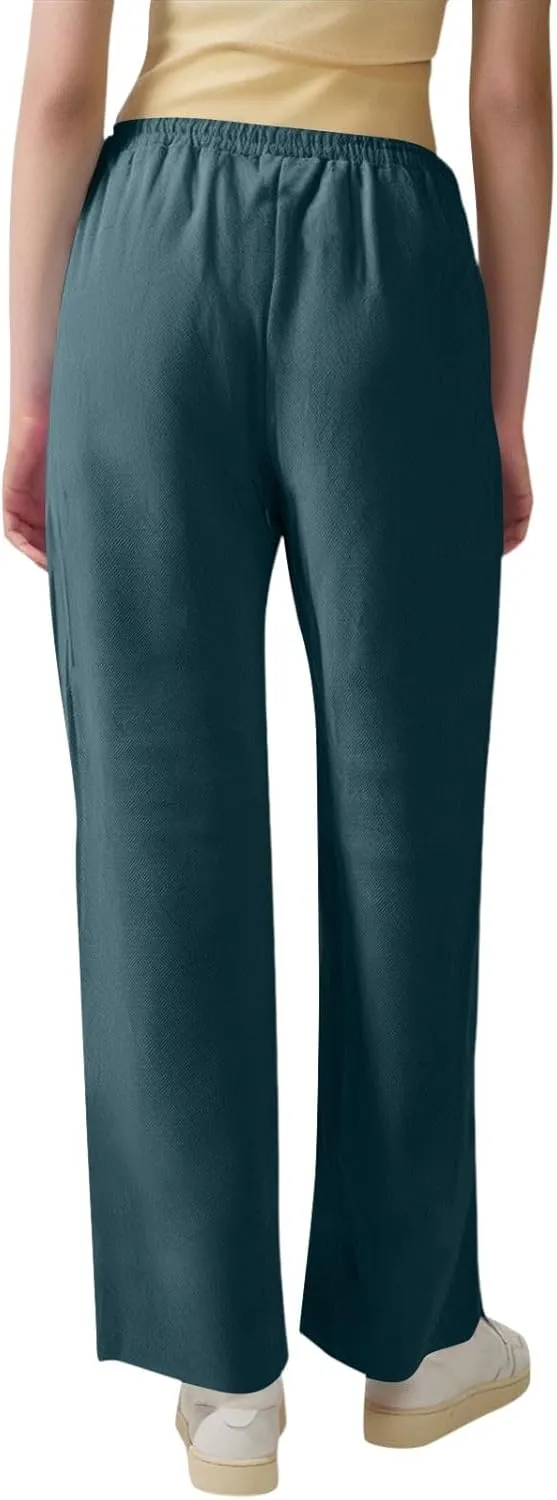 Women's Linen Pant 2025 Staright Trousers Elastic Waist Drawstring Pull-On Pants with Pockets, S-3XL