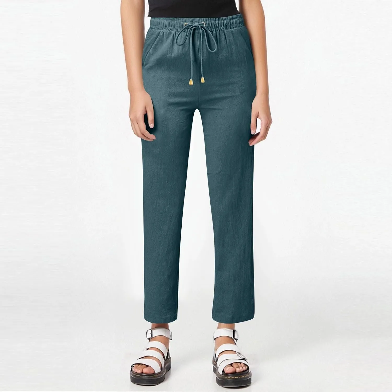 Women's Linen Pant 2025 Staright Trousers Elastic Waist Drawstring Pull-On Pants with Pockets, S-3XL