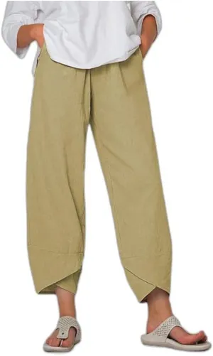 Women's Linen Wide Leg Pants with Pockets, Summer Elastic Casual Loose Beach Palazzo Boho Nine-Point Harem Trousers