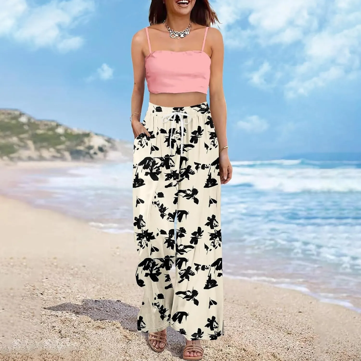 Womens Palazzo Pants Summer Boho Wide Leg Trousers Petite Casual High Waist Flowy Pant 2025 Beach Vacation Outfits