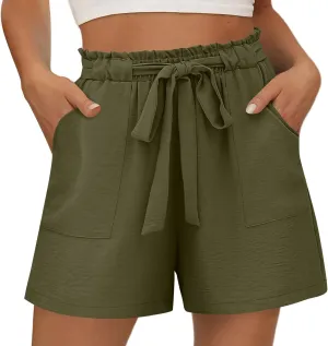 Women's Shorts Casual Paperbag Pleated Shorts Wide Leg Adjustable Tie Knot Waist Dressy Outfits with Pockets