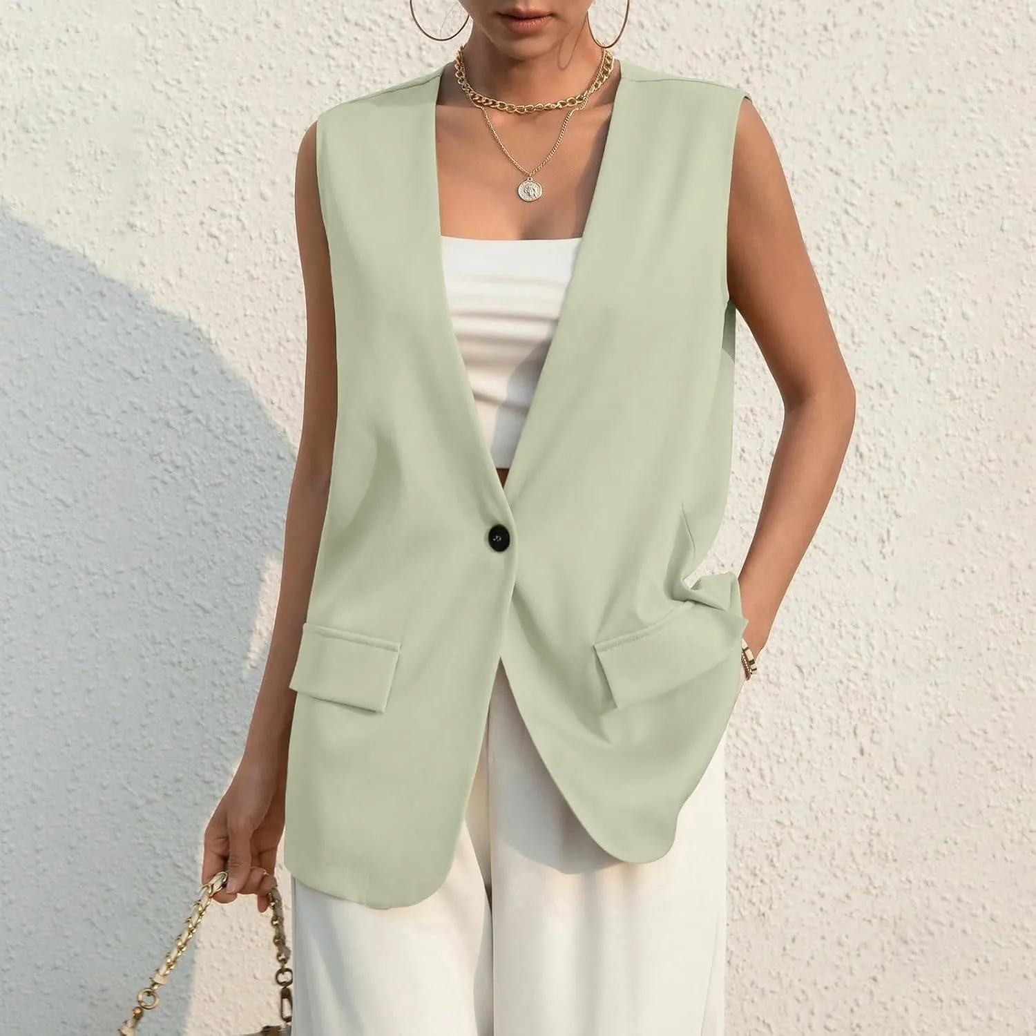 Women's Sleeveless Blazers Solid Color Open Front Blazer Vests Lapel Single Button Business Casual Jackets