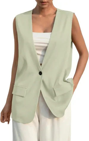 Women's Sleeveless Blazers Solid Color Open Front Blazer Vests Lapel Single Button Business Casual Jackets