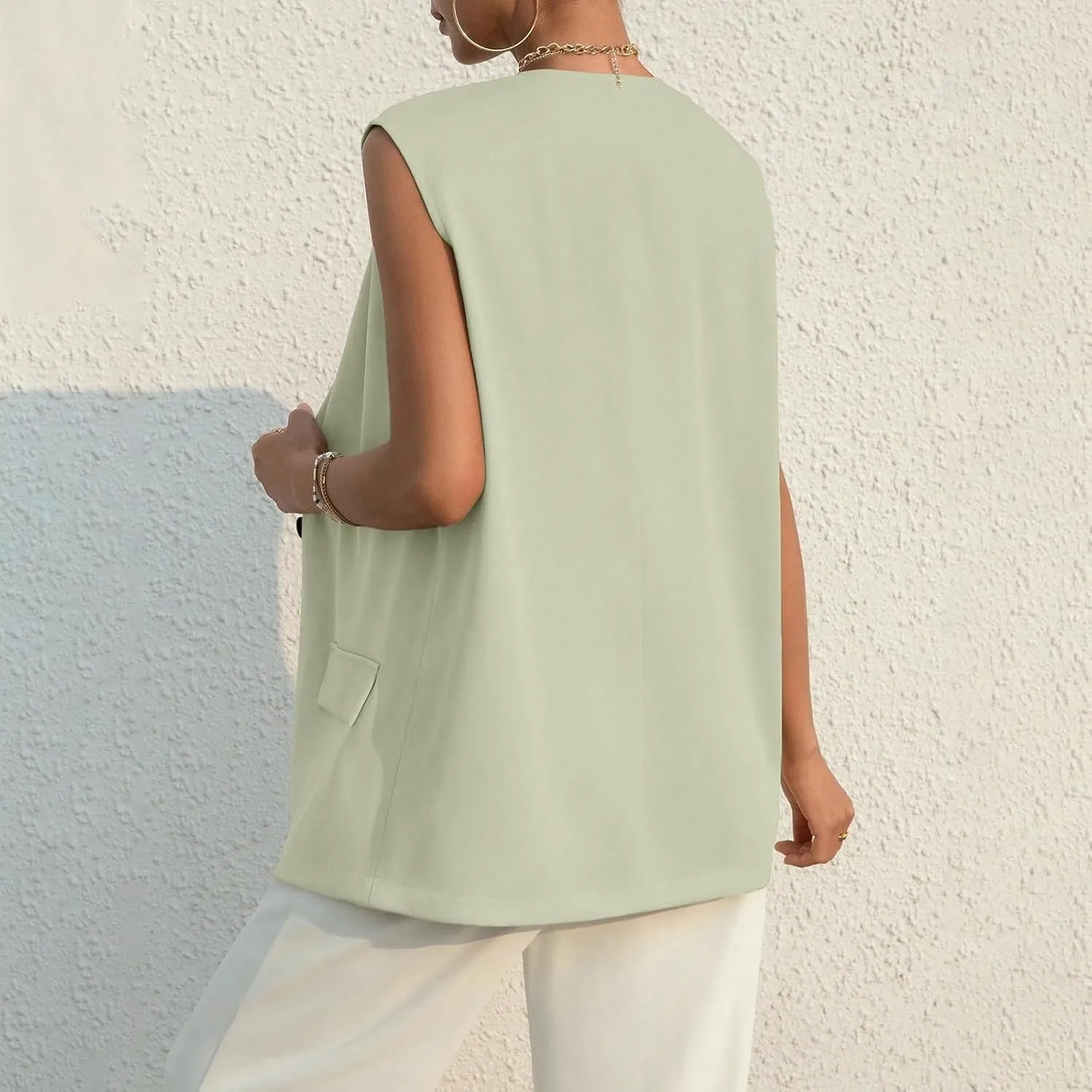 Women's Sleeveless Blazers Solid Color Open Front Blazer Vests Lapel Single Button Business Casual Jackets